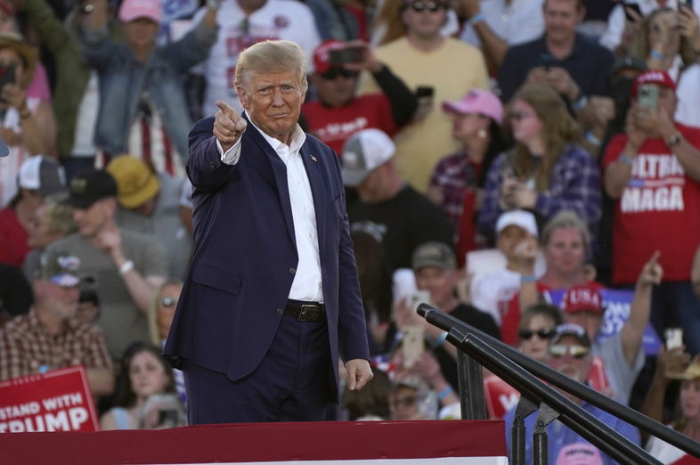 Former President Donald Trump gestures to supporters after speaking at a campaign rally at Waco Regional Airport on Saturday in Waco, Texas. (Nathan Howard/AP)